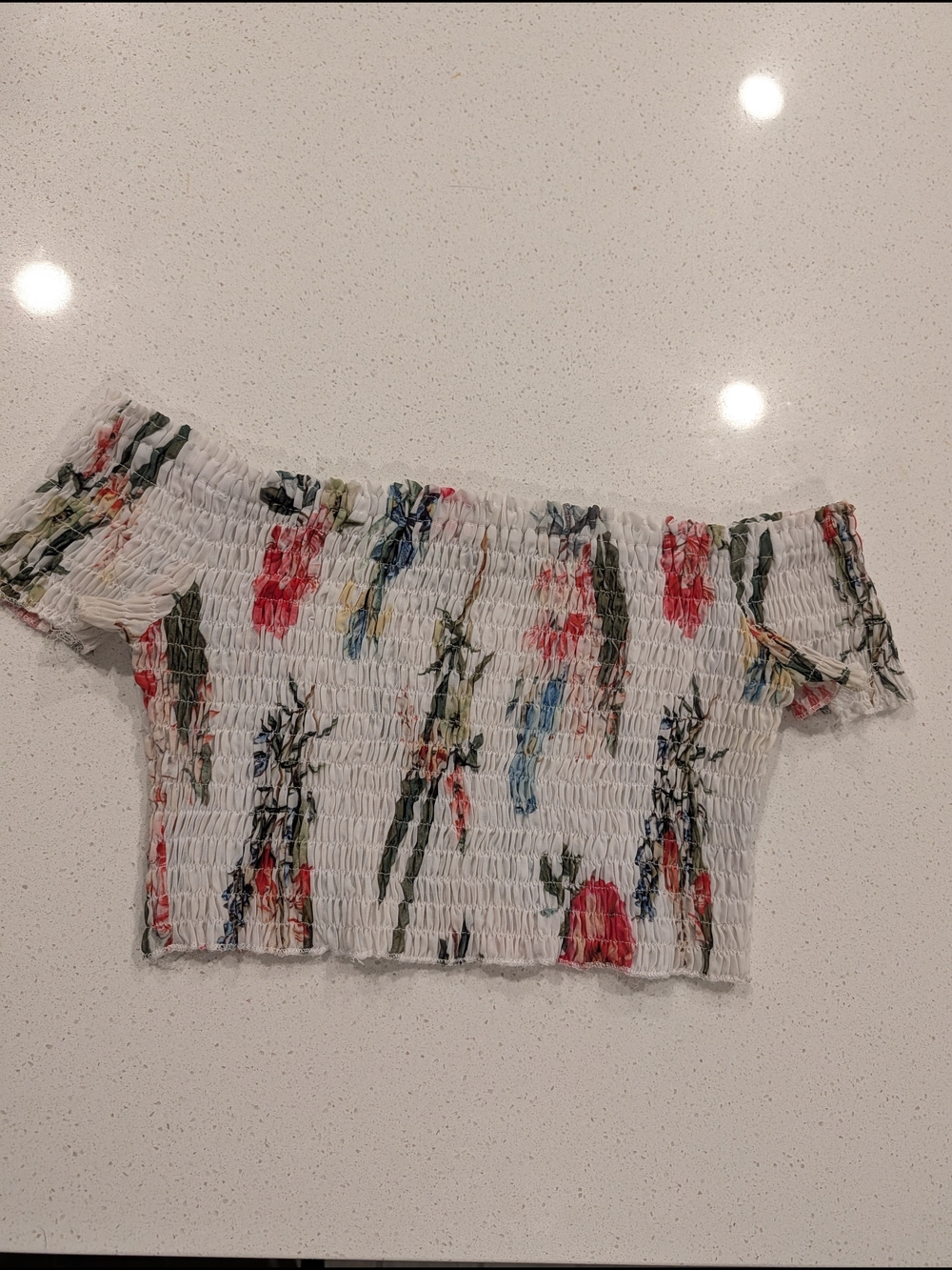 Off-Shoulder Smocked Floral Crop Top